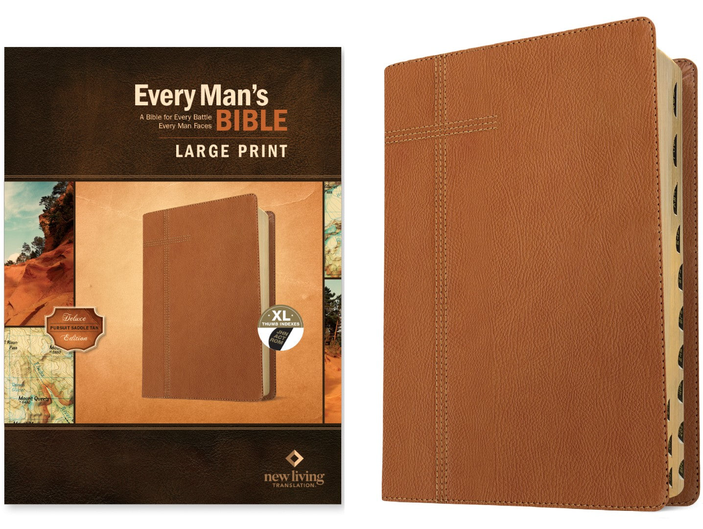 NLT Every Man's Bible, Large Print Pursuit Saddle Tan, Index - Re-vived