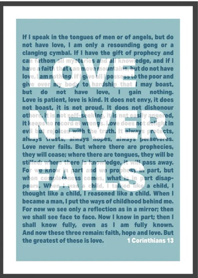 Love Never Fails - 1 Corinthians 13 - A4 Print - Blue - Re-vived