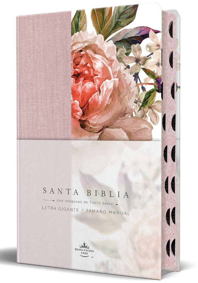 RVR 1960 Tamano Manual Letra Gigante Tela Con Flores Rosadas