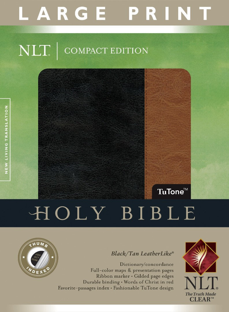 NLT Compact Edition Bible Large Print, Blacl/Tan, Indexed - Re-vived
