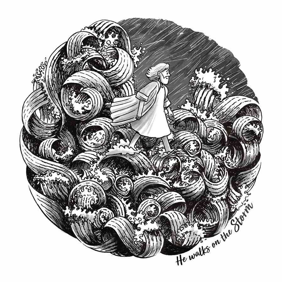 He walked on the storm A3 B&W Christian Art Print - Re-vived