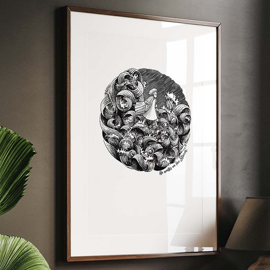 He walked on the storm A3 B&W Christian Art Print - Re-vived
