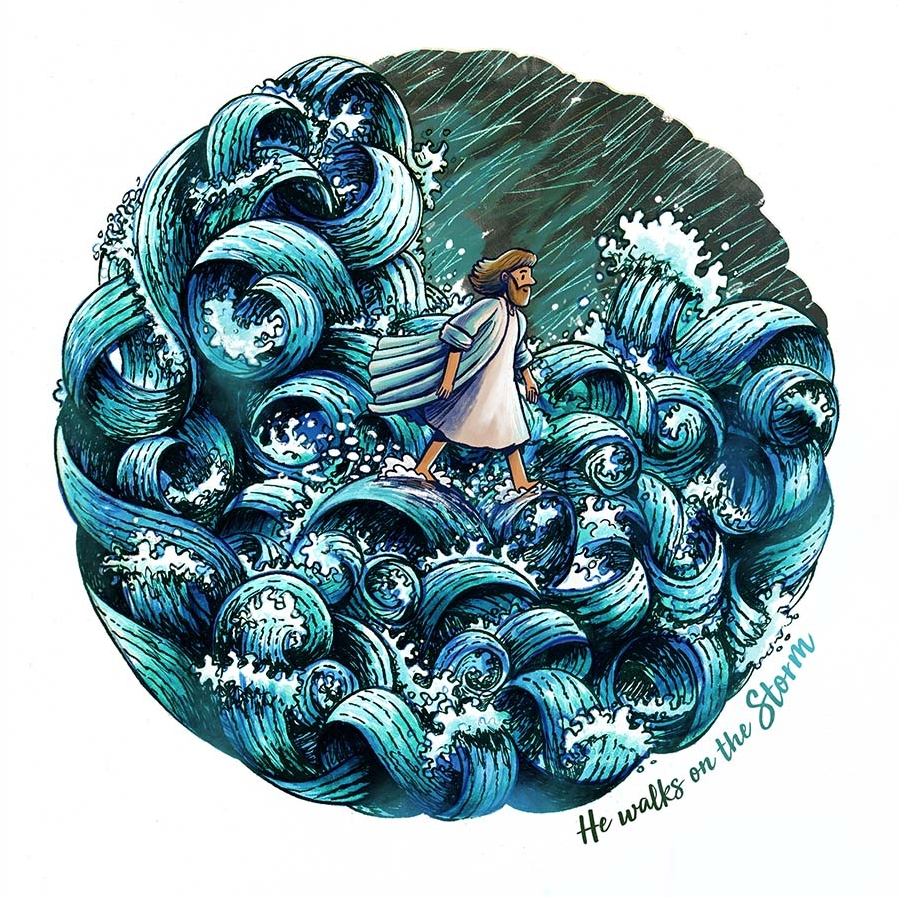 He walked on the storm A4 Colour Christian Art Print - Re-vived