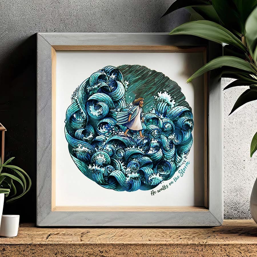 He walked on the storm A4 Colour Christian Art Print - Re-vived