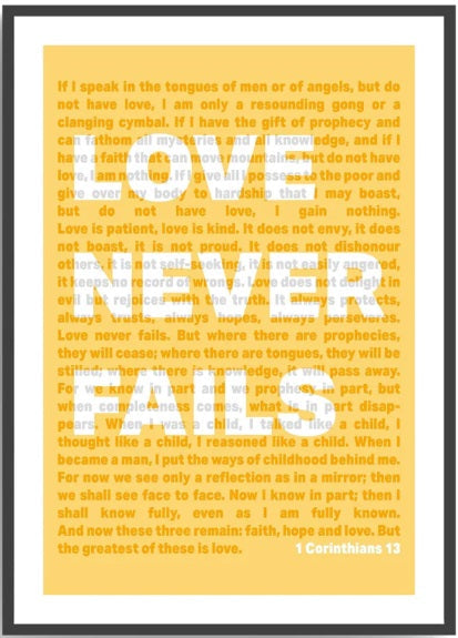 Love Never Fails - 1 Corinthians 13 - A4 Print - Yellow - Re-vived