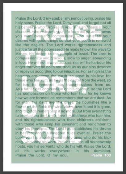 Praise The Lord, O My Soul - Psalm 103 - A3 Print - Green - Re-vived