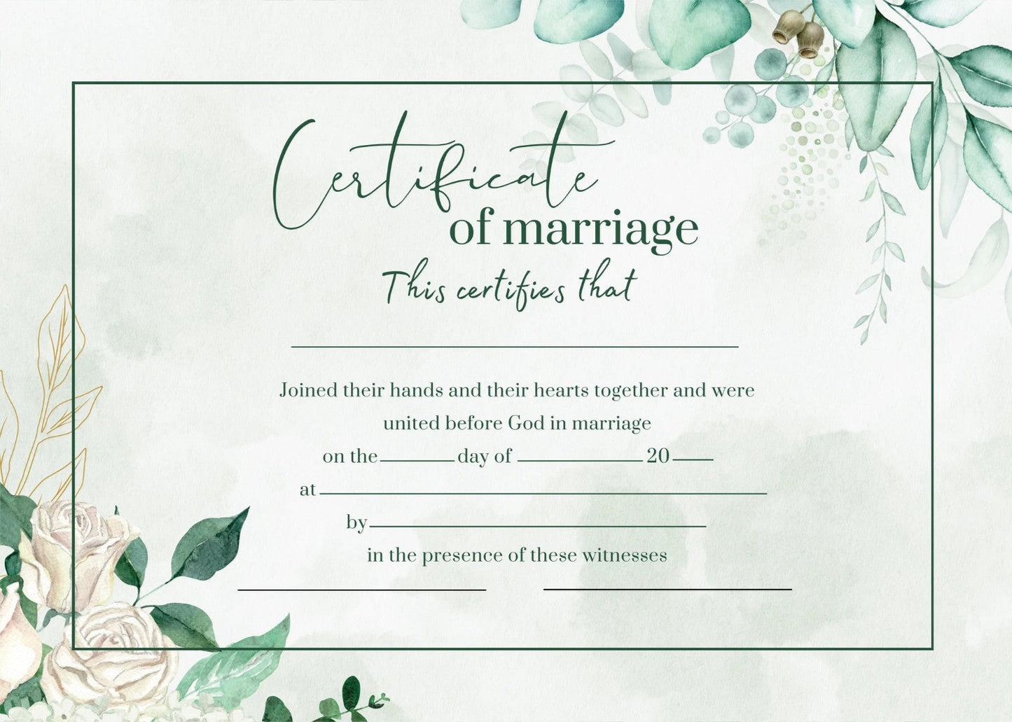 Eucalyptus and Rose Wedding Certificate (pack of 10) - Re-vived