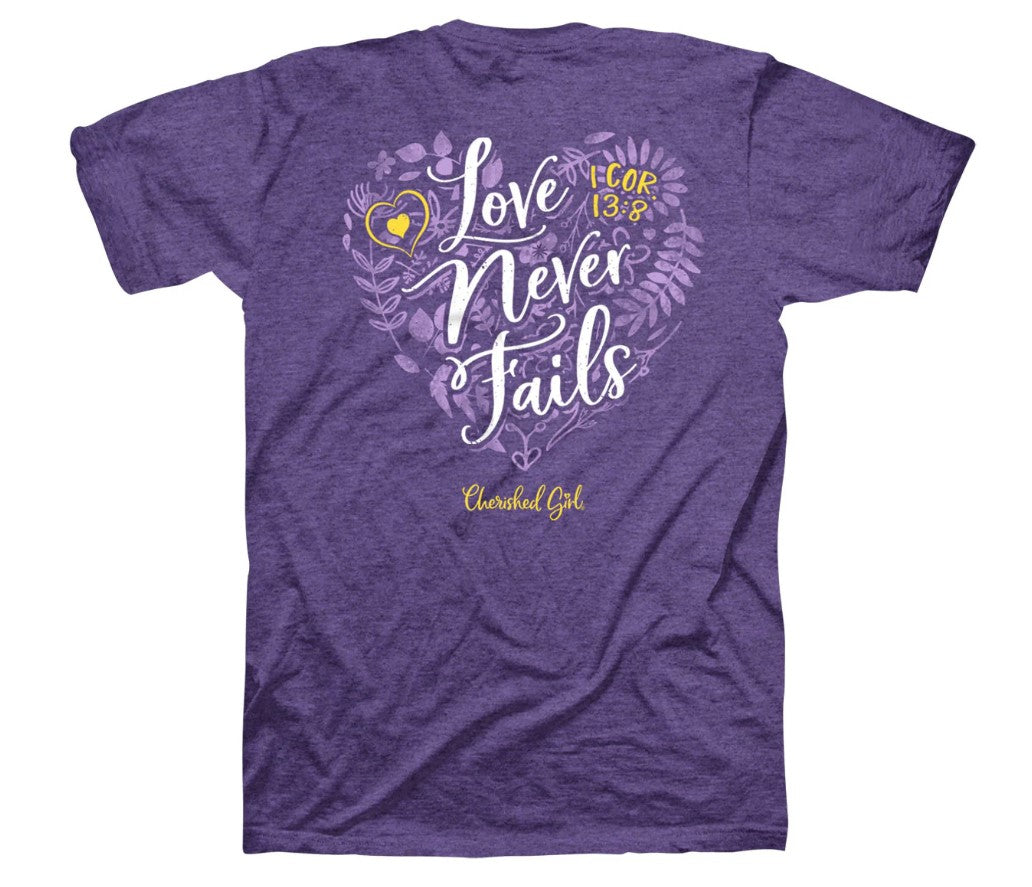 Cherished Girl Love Never Fails Floral T-Shirt, Medium - Re-vived