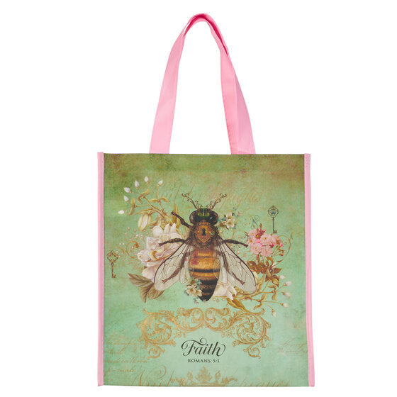 Faith Bee Green Non-Woven Coated Tote Bag - Romans 5:1 - Re-vived