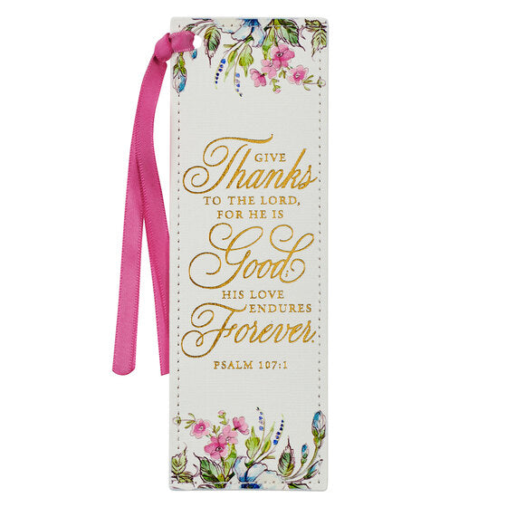 Give Thanks White Floral Faux Leather Bookmark - Psalm 107:1 - Re-vived