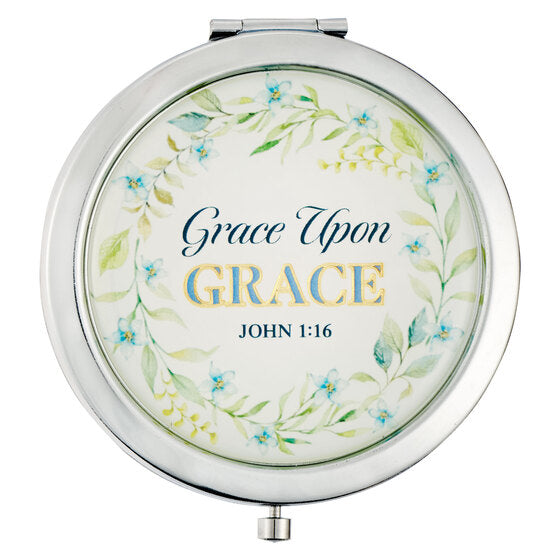 Grace Upon Grace Silver Metal Compact Mirror - John 1:16 - Re-vived