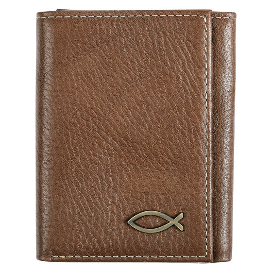 Ichthus Fish Brown Genuine Leather Trifold Wallet - Re-vived