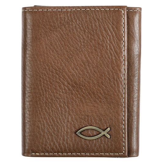 Ichthus Fish Brown Genuine Leather Trifold Wallet - Re-vived