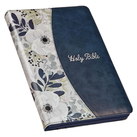 Blue Pearlized Floral Faux Leather Large Print Thinline KJV - Re-vived