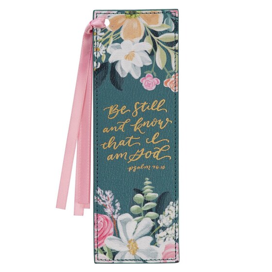 Be Still and Know Teal Floral Faux Leather Bookmark - Re-vived