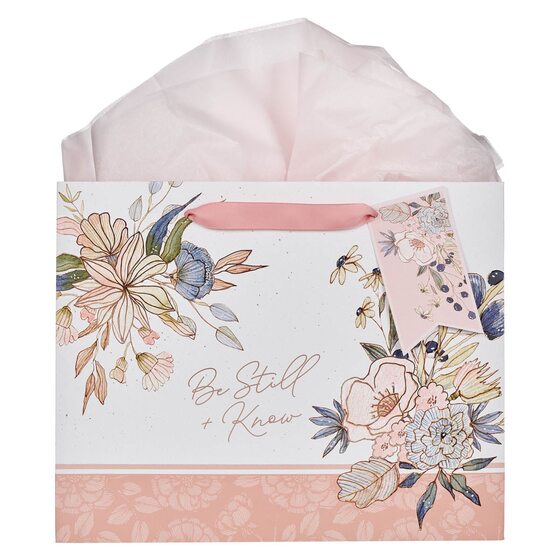Gift Bag Lg Landscape Pink/Blue Floral Be Still Ps. 46:10 - Re-vived