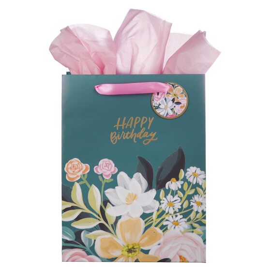Happy Birthday Teal Floral Large Portrait Gift Bag - Re-vived