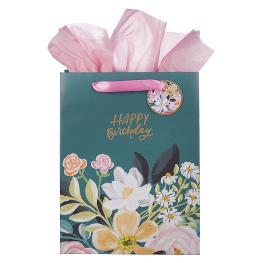 Happy Birthday Teal Floral Large Portrait Gift Bag - Re-vived