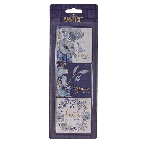 Love, Grace, Faith Blue Floral Tile Magnet Set - Re-vived