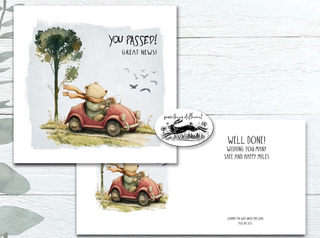 Bear in Car Passed Driving Test Card - Re-vived