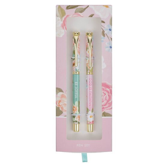 Joyful And Faithful Pink And Green Floral Pen Set
