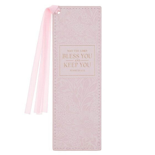 Bless And Keep You Blush Floral Faux Leather Bookmark