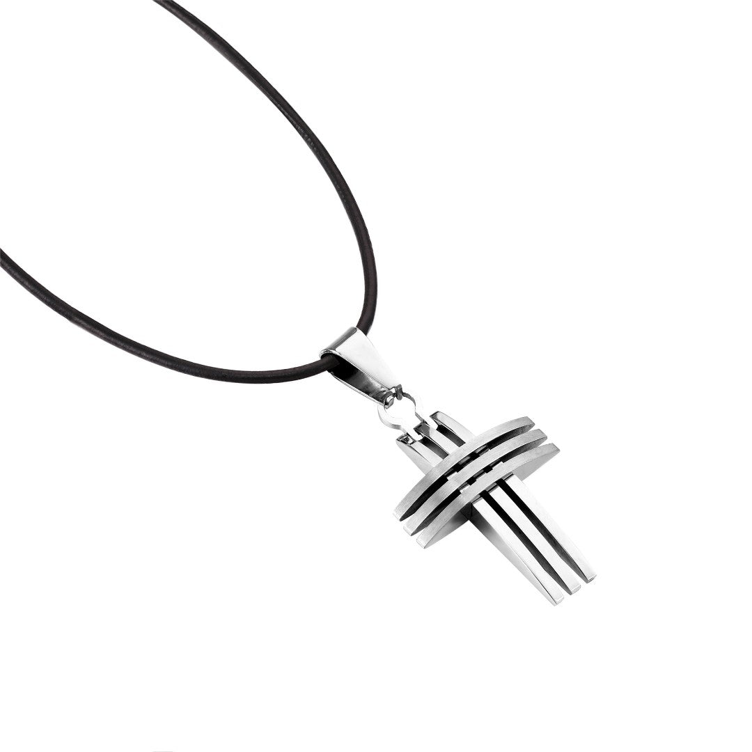 Curved & Grooved Cross On Leather Cord