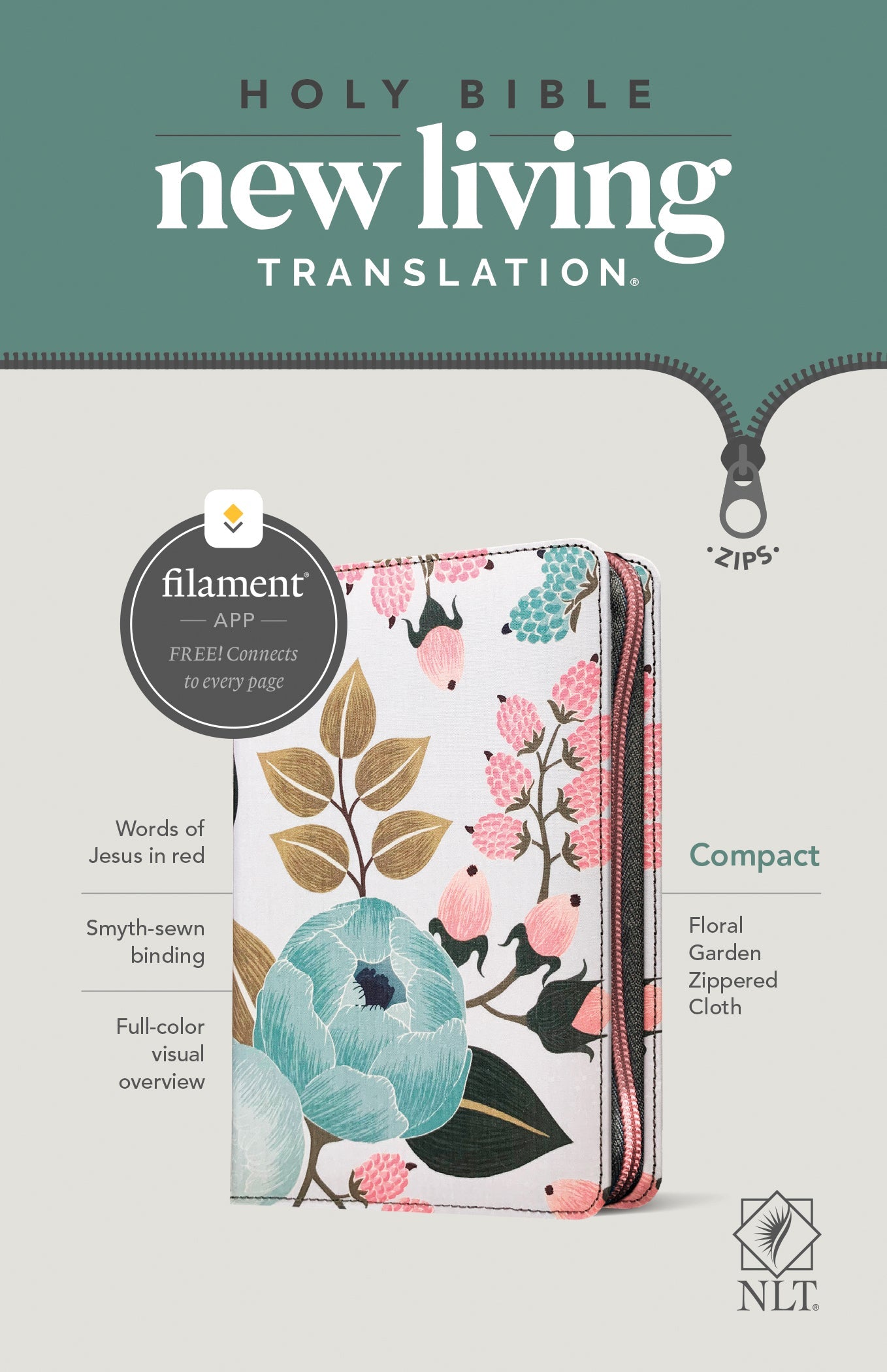 NLT Compact Zipper Bible, Filament Enabled Edition, Floral - Re-vived