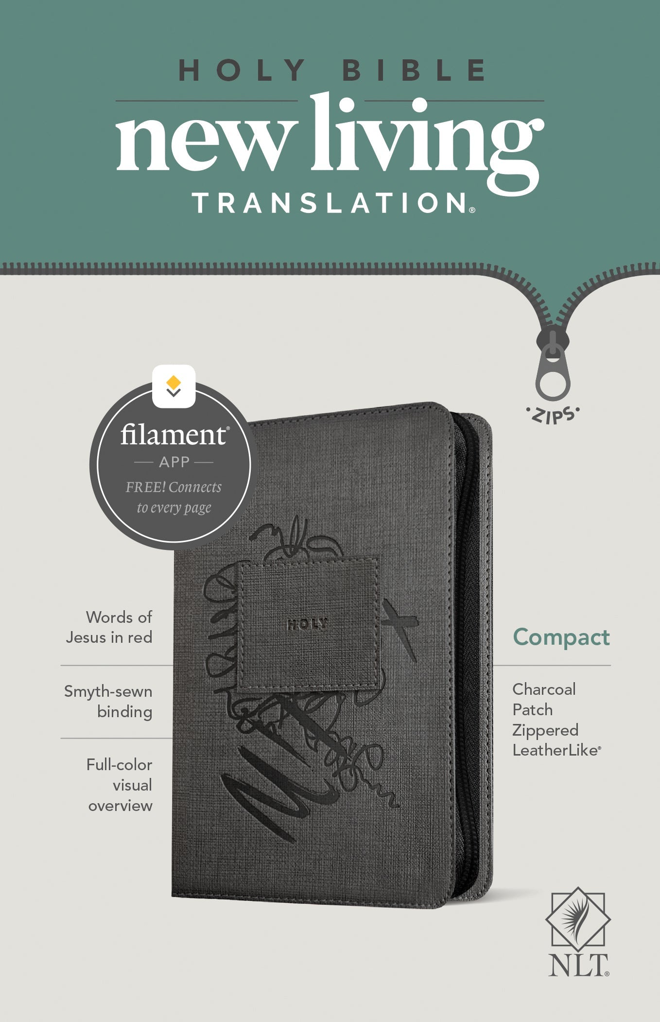 NLT Compact Zipper Bible, Filament Enabled Edition, Charcoal - Re-vived