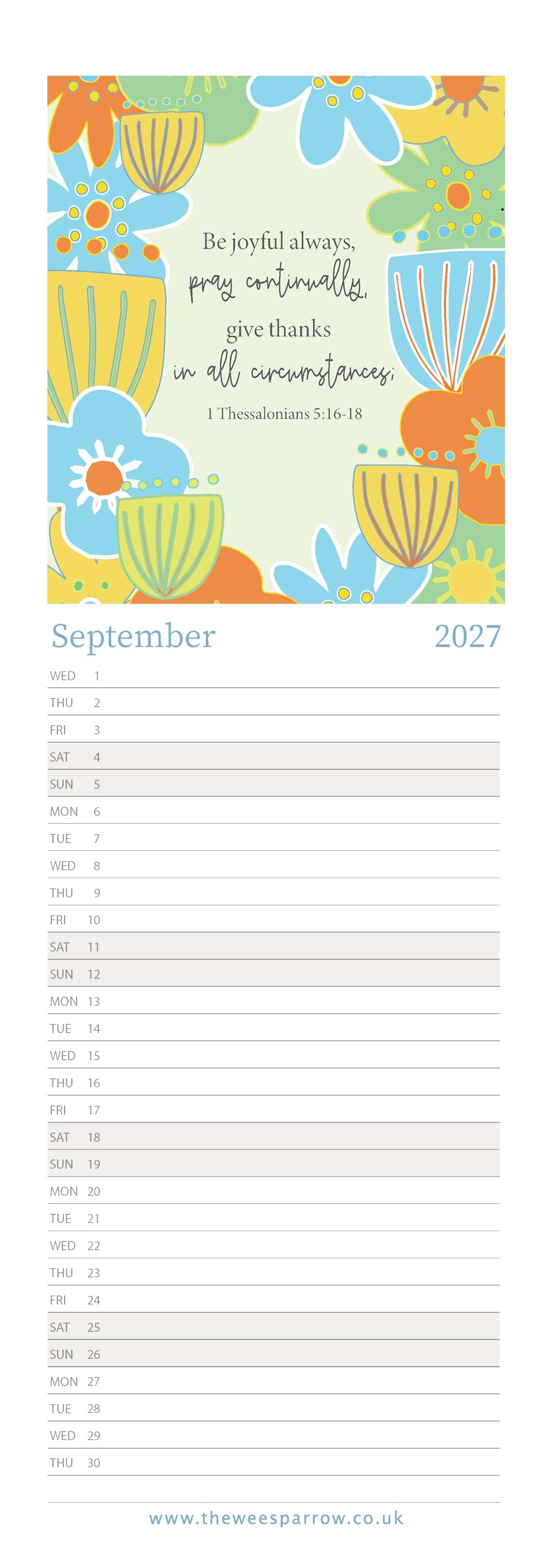 The Wee Sparrow 2027 Calendar (A3 slimline)