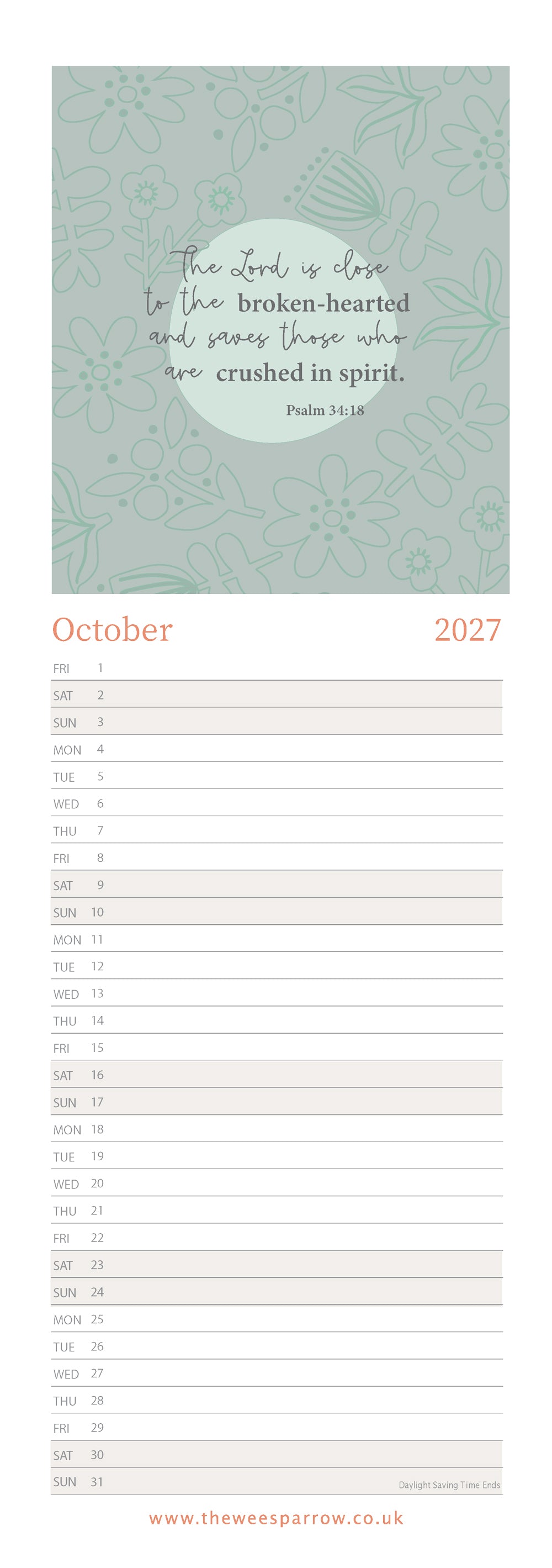 The Wee Sparrow 2027 Calendar (A3 slimline)
