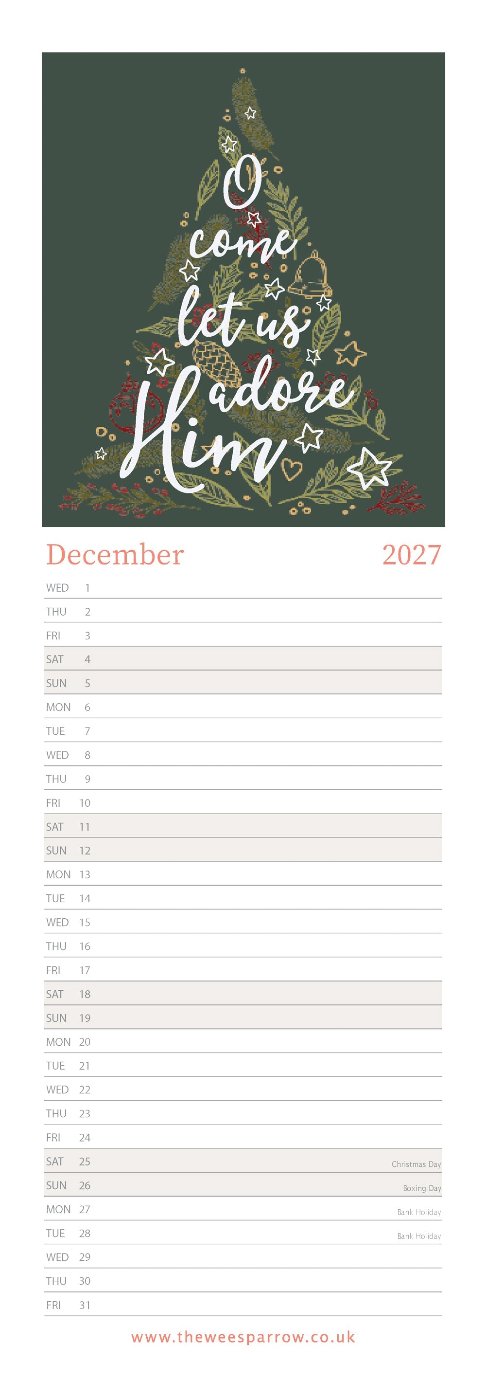 The Wee Sparrow 2027 Calendar (A3 slimline)
