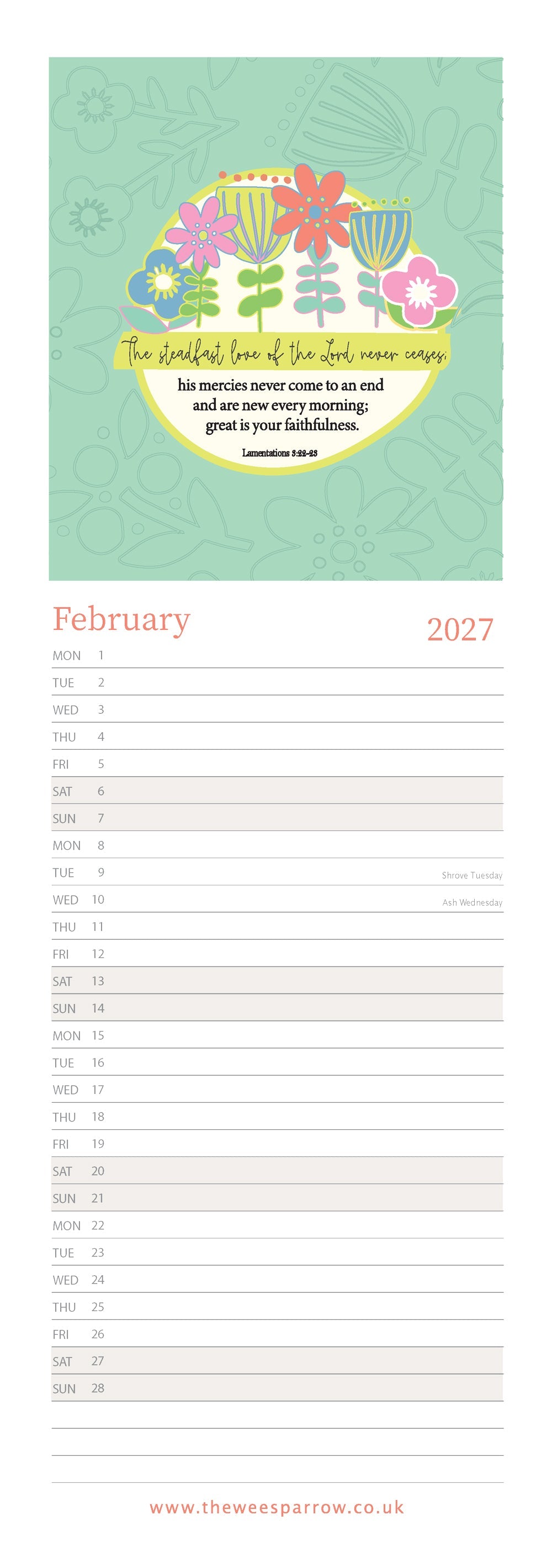 The Wee Sparrow 2027 Calendar (A3 slimline)