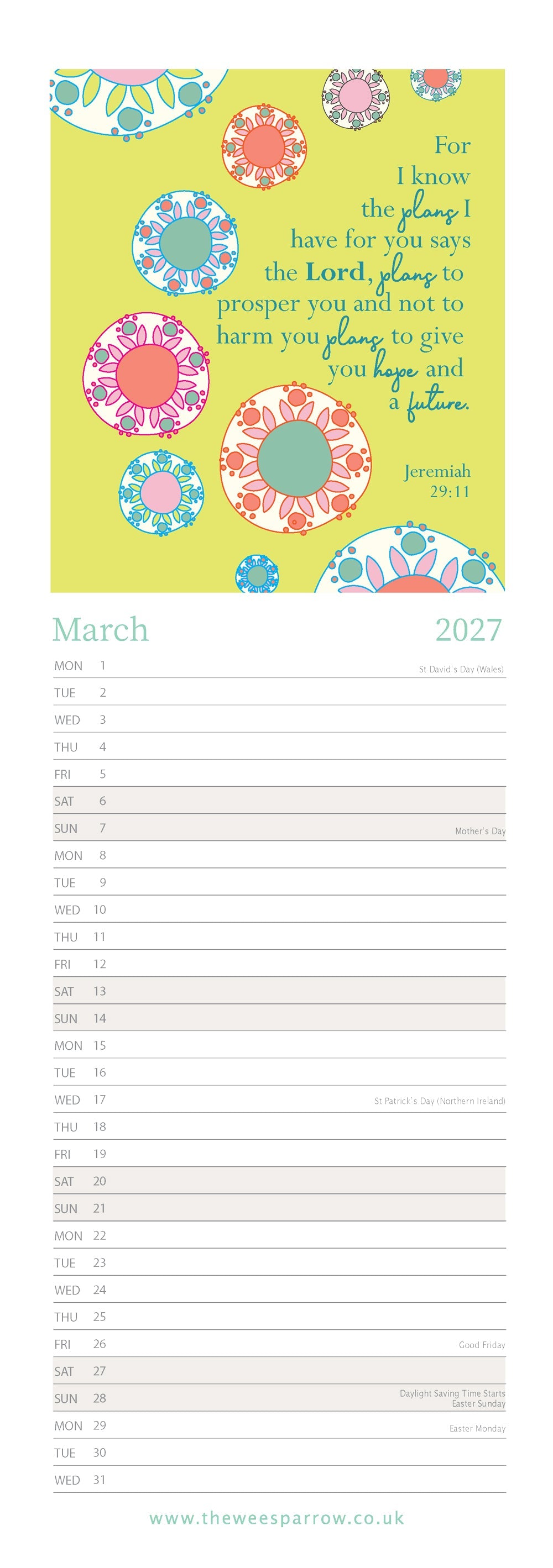 The Wee Sparrow 2027 Calendar (A3 slimline)