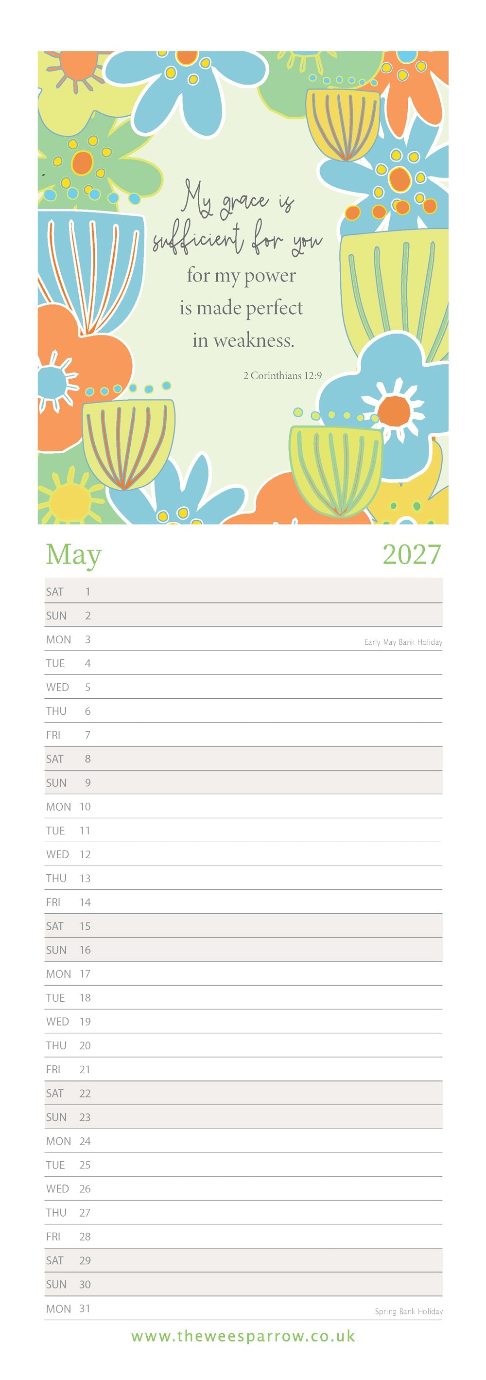 The Wee Sparrow 2027 Calendar (A3 slimline)