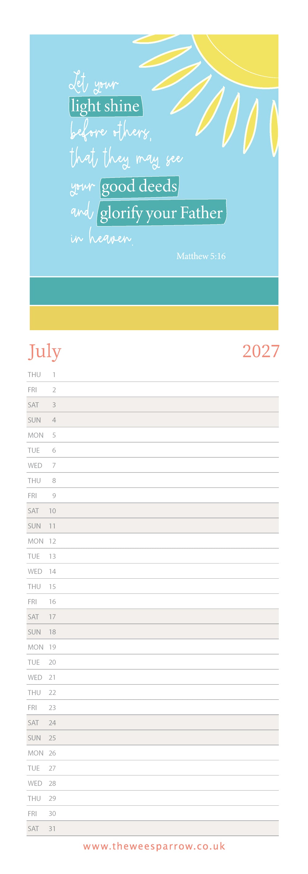 The Wee Sparrow 2027 Calendar (A3 slimline)