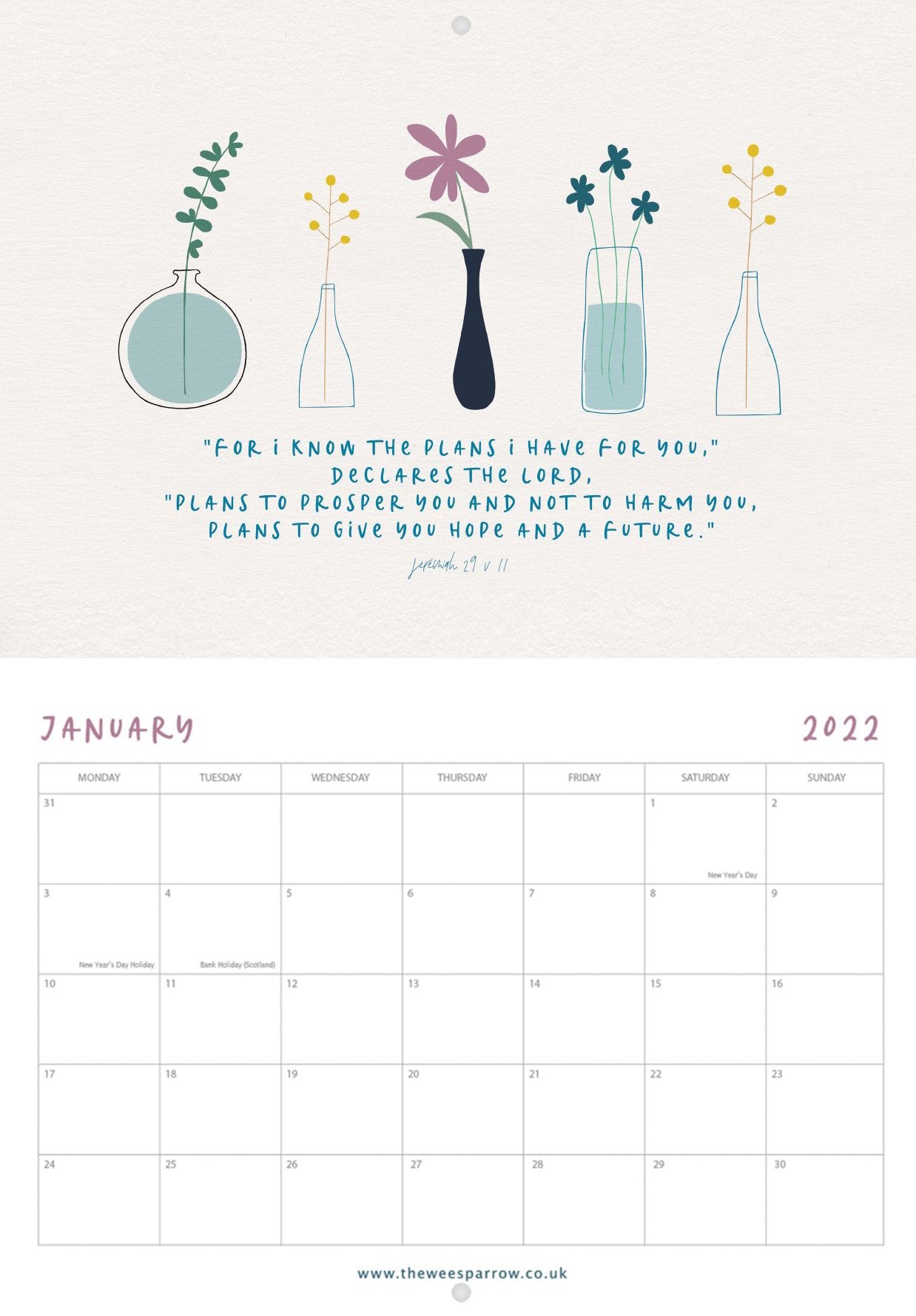 The Wee Sparrow 2022 Calendar A4 (folds out to A3)